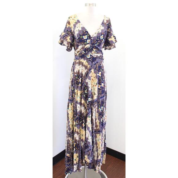 Abel the Label Navy Blue Floral Asymmetrical Hem Maxi Dress Size M Tie Waist - Picture 2 of 6
